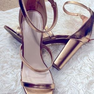 CALLISTA Rose Gold Triple Strap Block Heel Sandals,